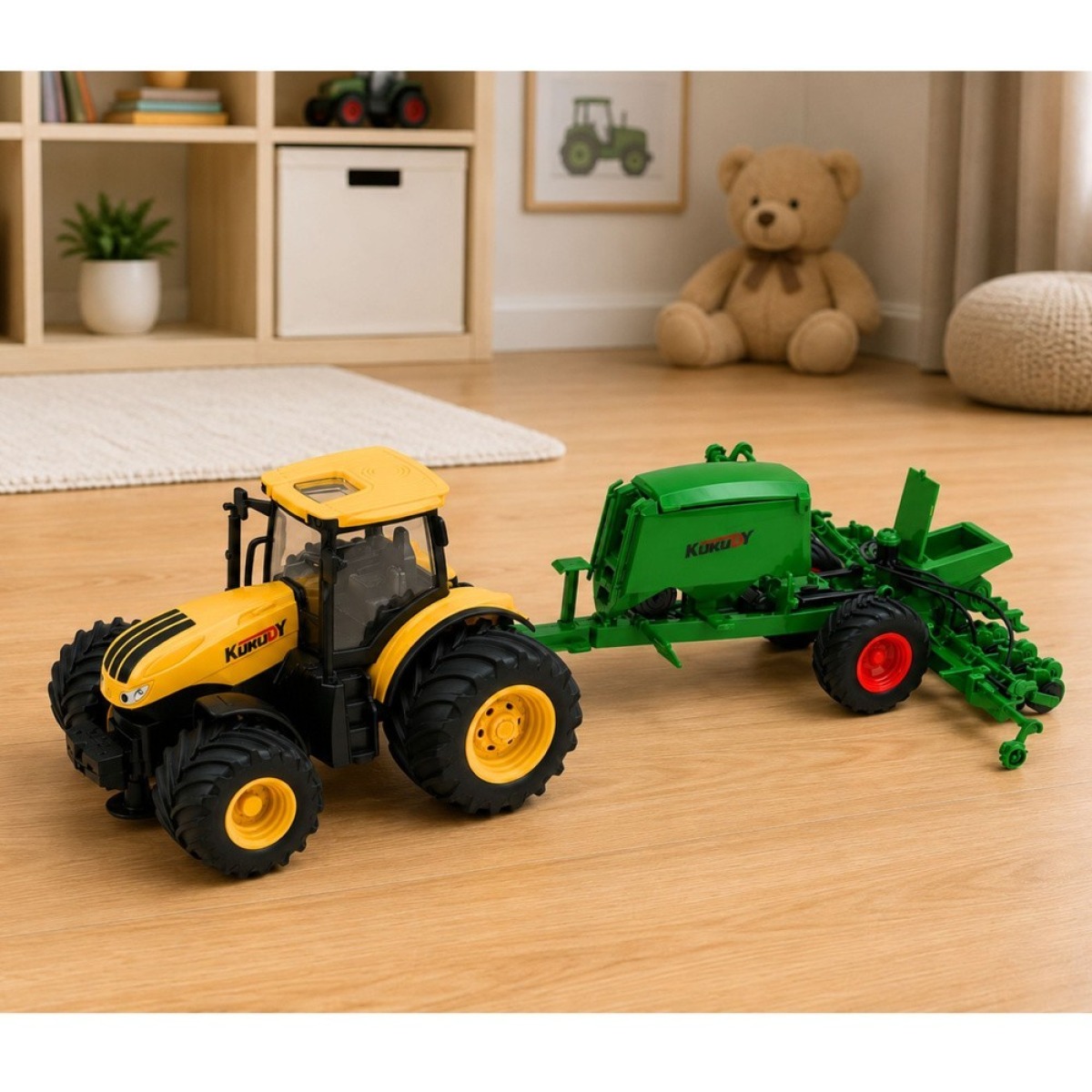 Kollane põllutraktor külvikuga, tulede ja helidega 1:24