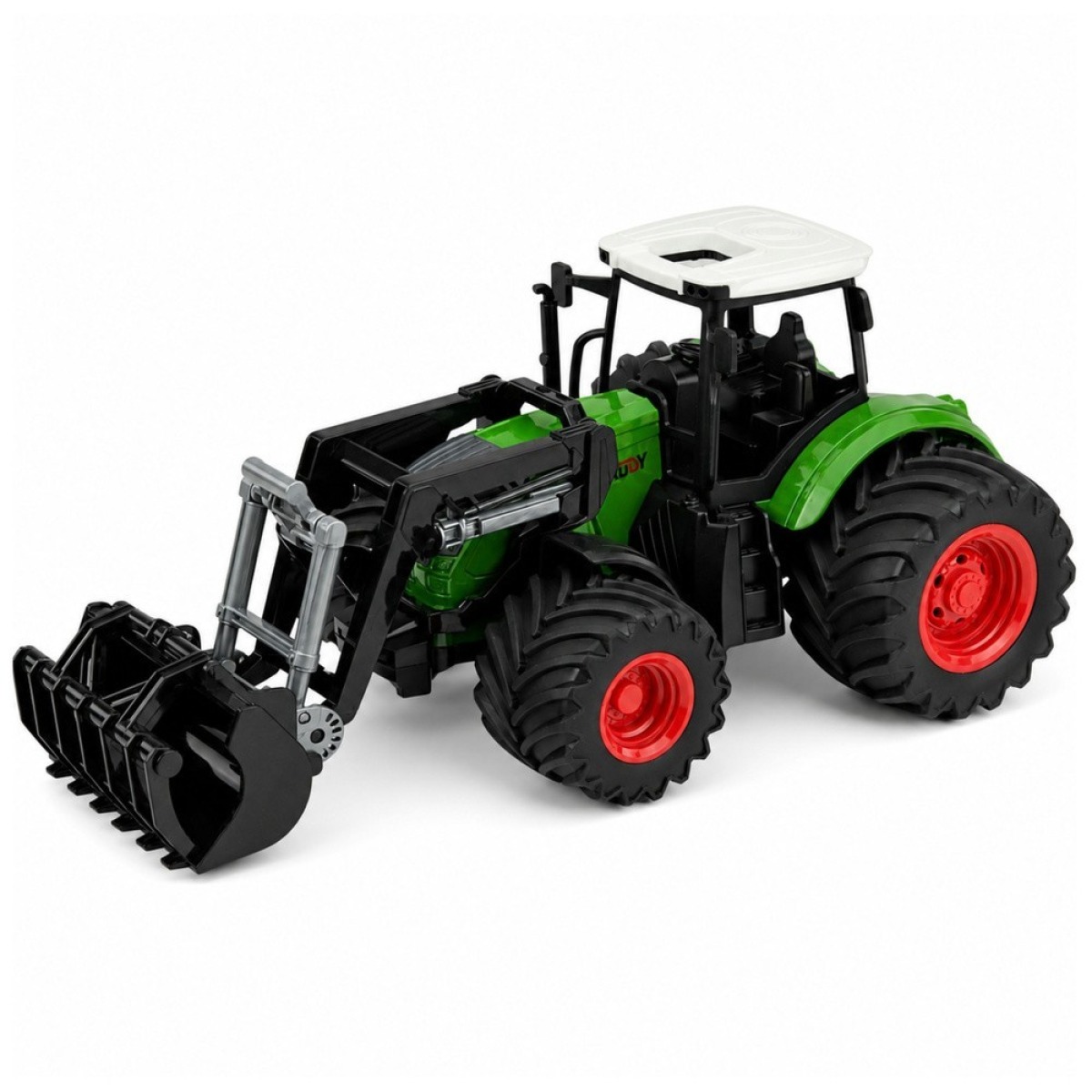 Roheline põllutraktor kummirataste ja esilaaduriga, 1:24