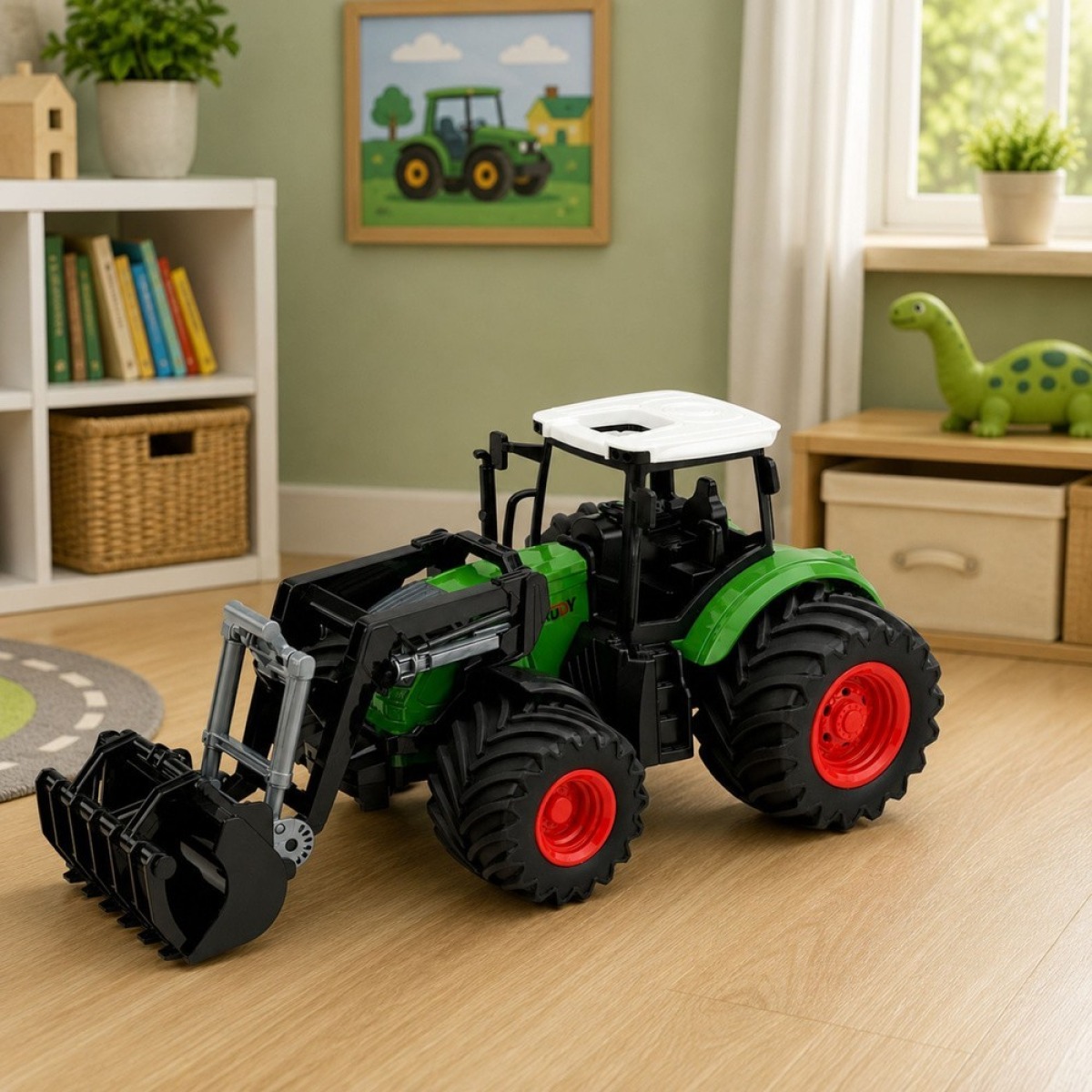 Roheline põllutraktor kummirataste ja esilaaduriga, 1:24