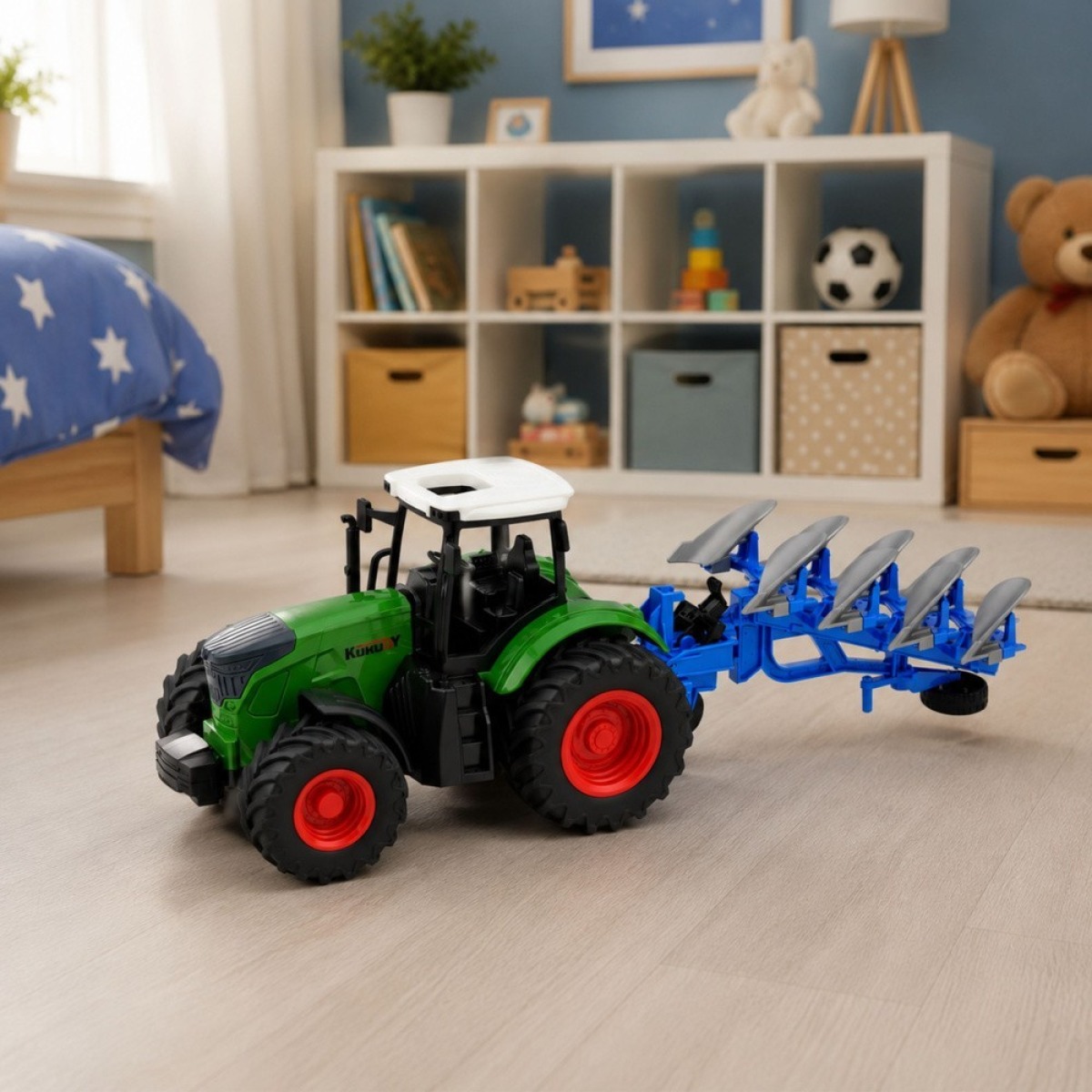 Roheline 1:24 kummiratastega põllutraktor mitmevaolise adrag