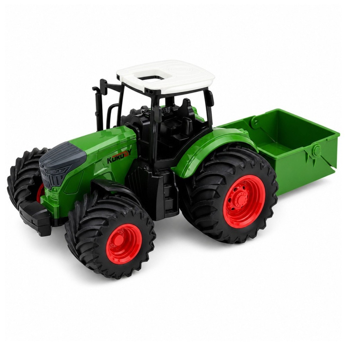 Roheline põllutraktor väetisekülviku ja kummiratastega, 1:24