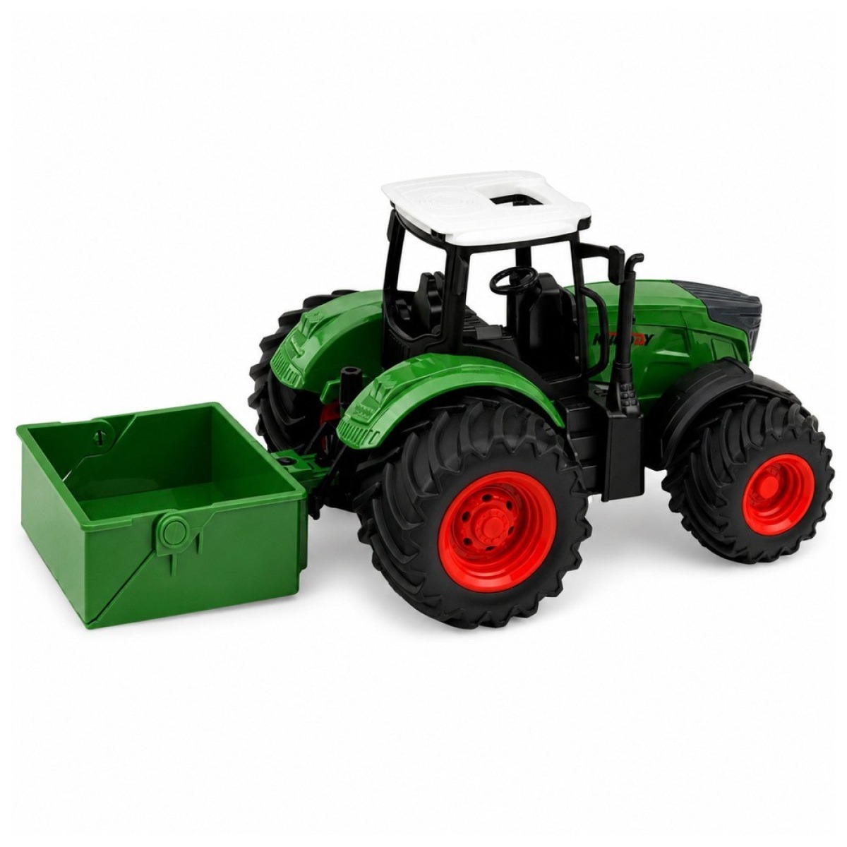 Roheline põllutraktor väetisekülviku ja kummiratastega, 1:24