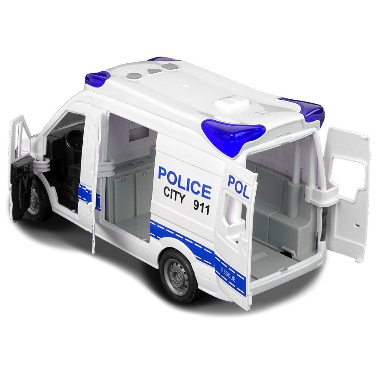 Interaktīva policijas automašīna ar gaismām, skaņām un atveramām durvīm