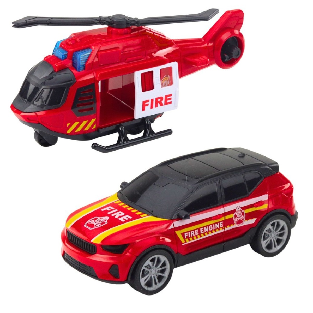 Sarkanais evakuators, ugunsdzēsēju auto un helikopters