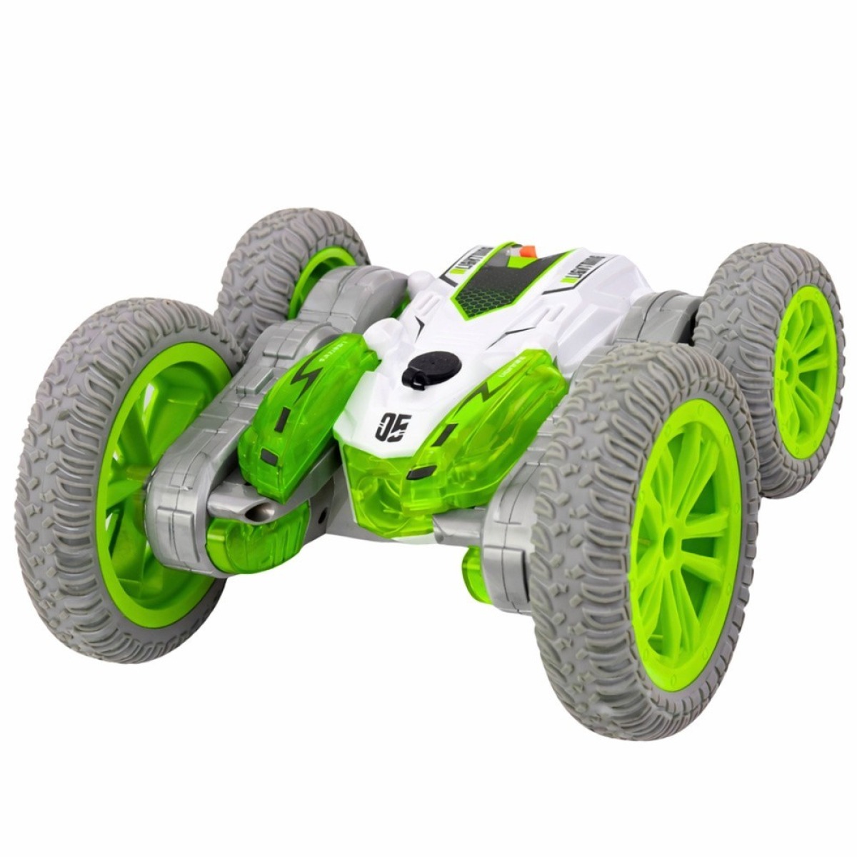 Zaļš triku auto ar tālvadību, gaismām un 360° trikiem