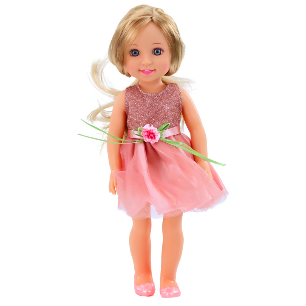 Rozā kleitā tērpta lelle ar ķemmi, 38 cm