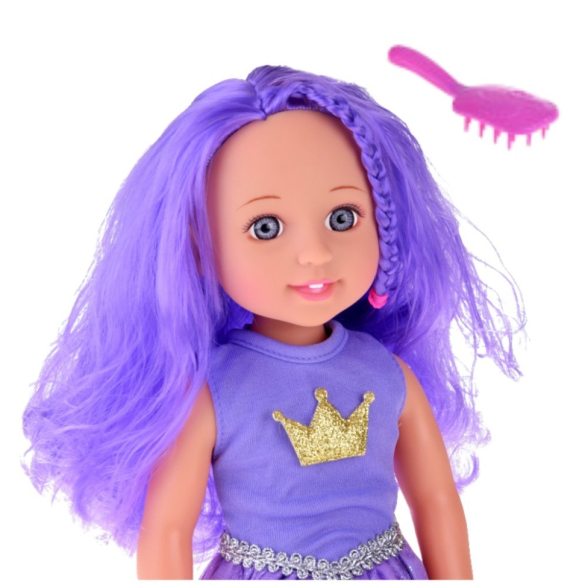 Violeta lelle ar gariem matiem un kroni, 38 cm