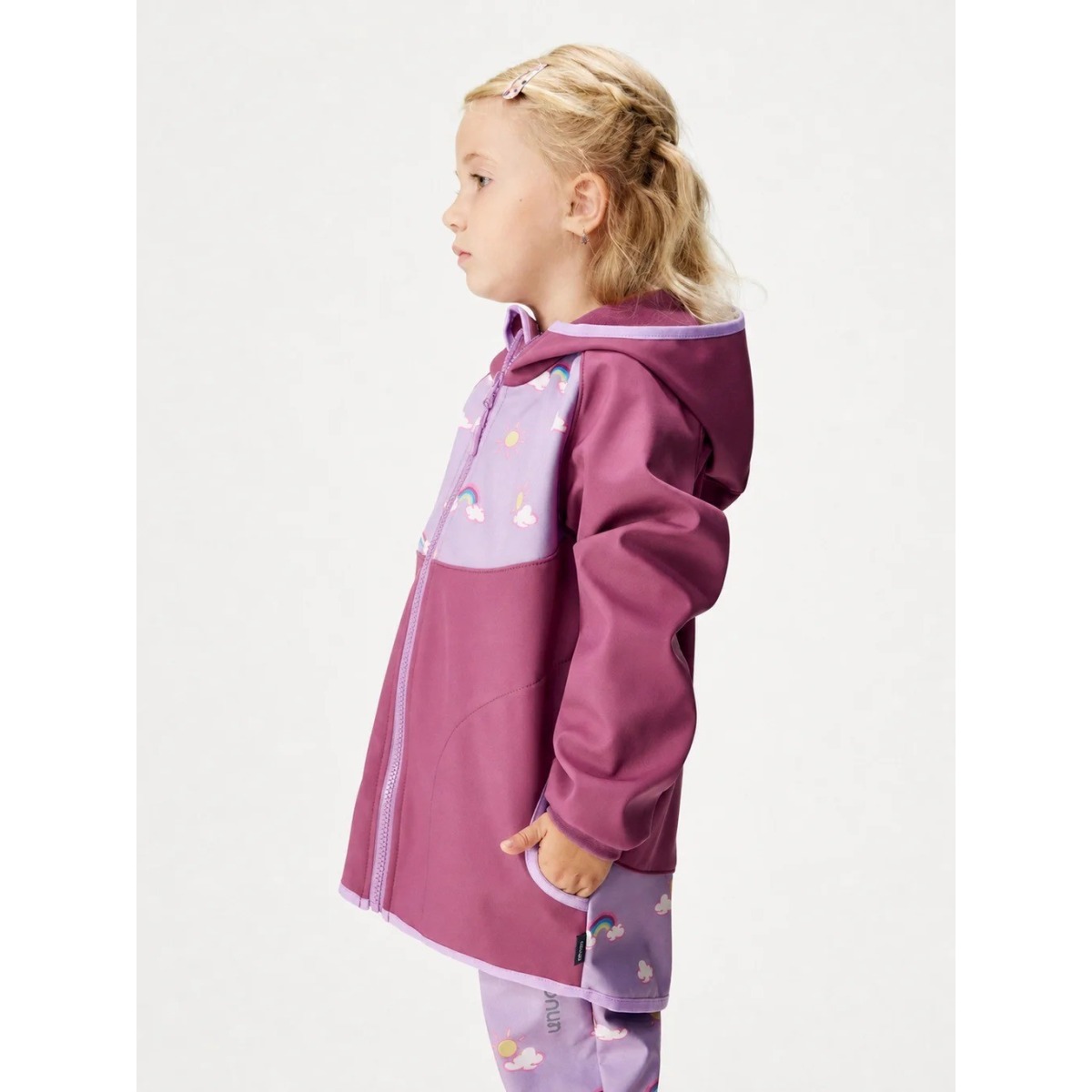 Bērnu softshell jaka ar flīsa oderi Basic, plūmju krāsā ar varavīksnēm