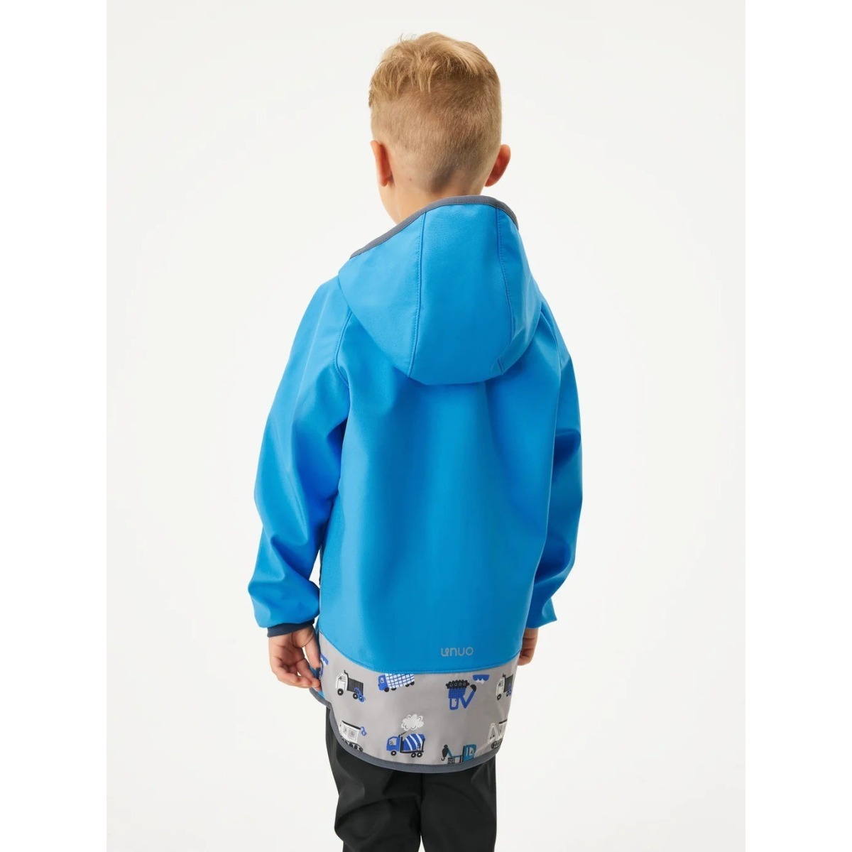 Bērnu softshell jaka ar flīsa oderi Basic, zila ar celtniecības tehnikas rakstu