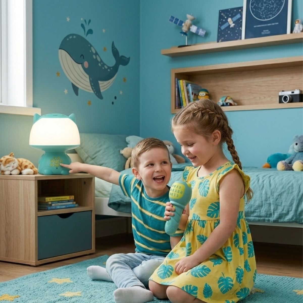 Daudzfunkcionāla RGB lampa ar Bluetooth skaļruni un karaoke funkciju, tirkīzzila