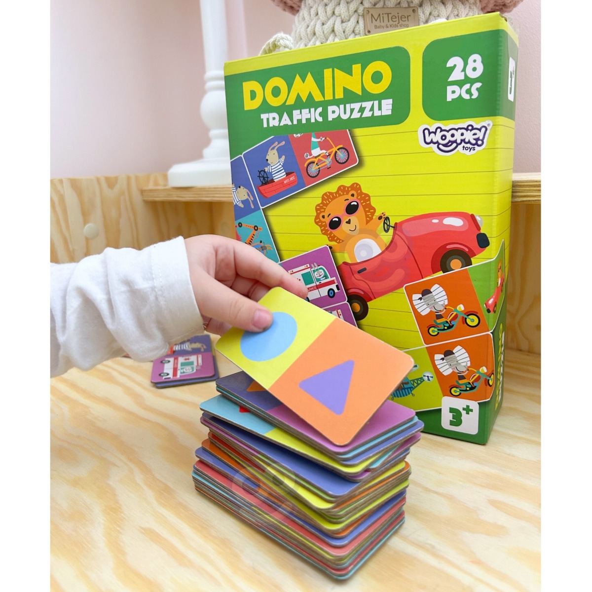 Montessori domino ar dzīvnieku un transportlīdzekļu attēliem, 28 kauliņi