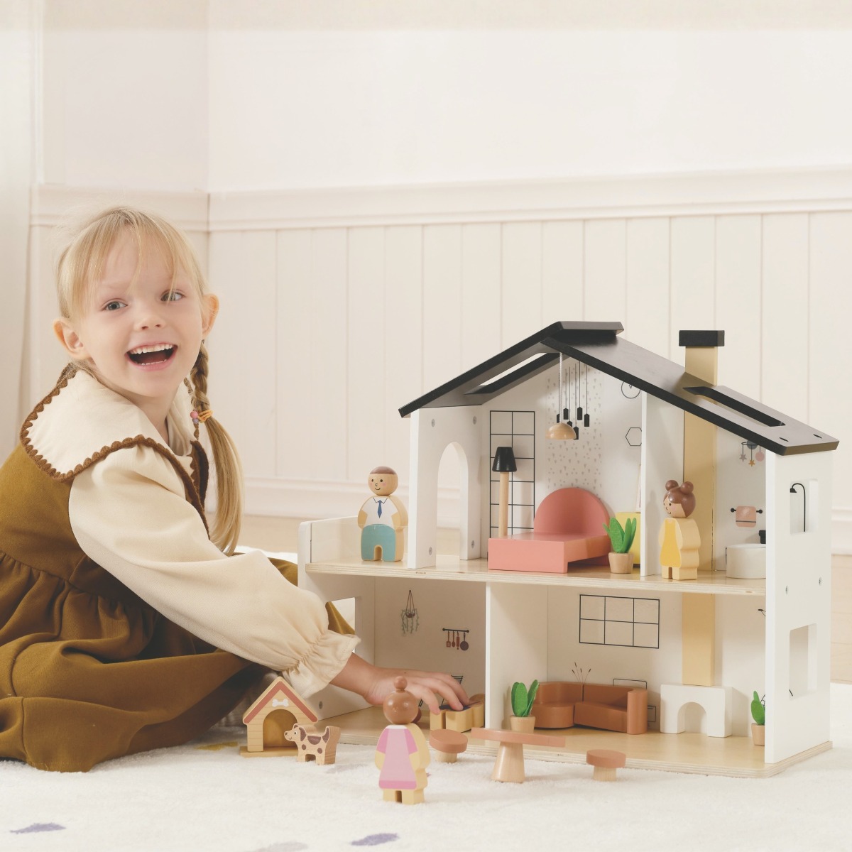 TOOKY TOY Koka nukumaja koos tarvikute ja perekonnaga 20 osa