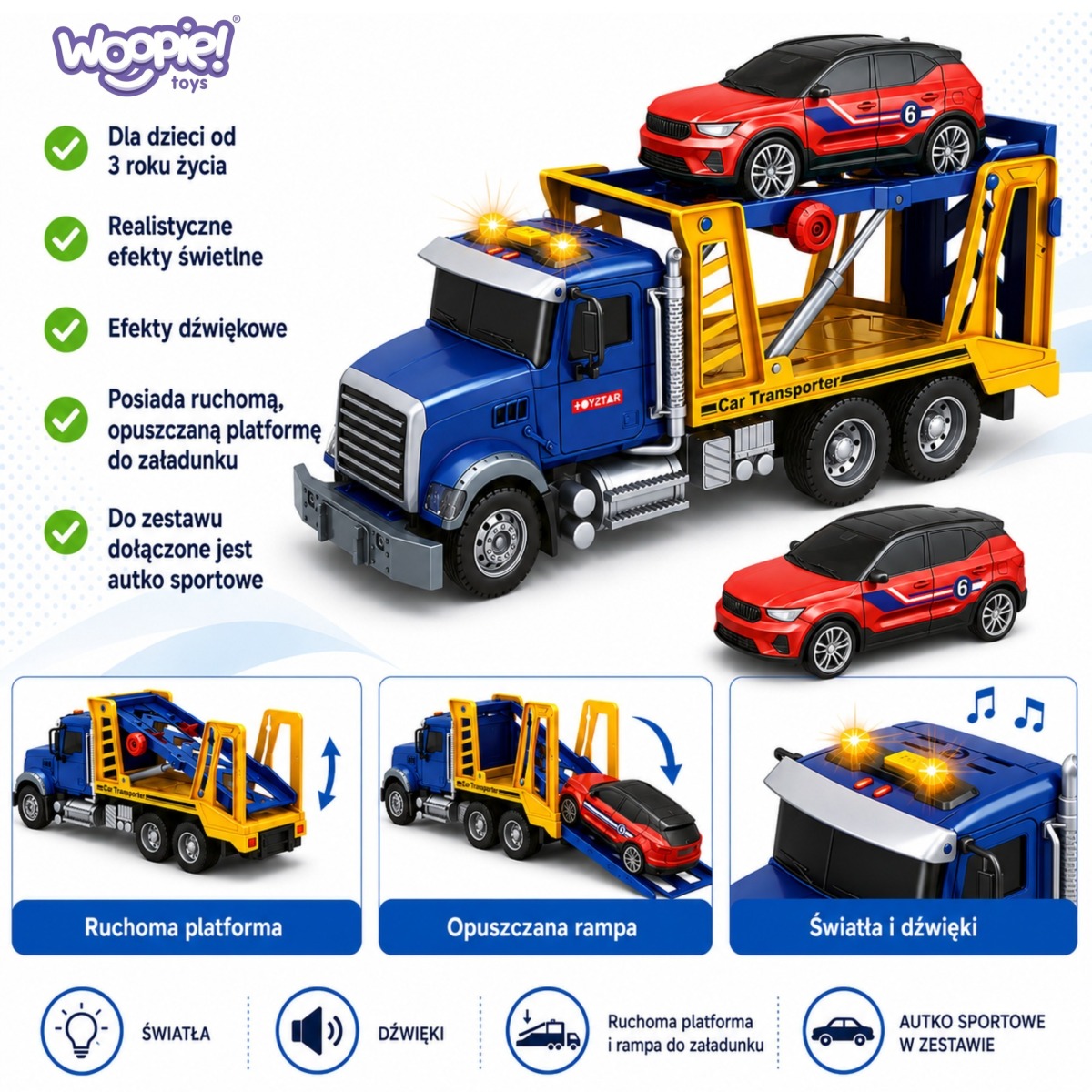 Auto vedējs ar sporta automobili, gaismu un skaņu, mērogs 1:14