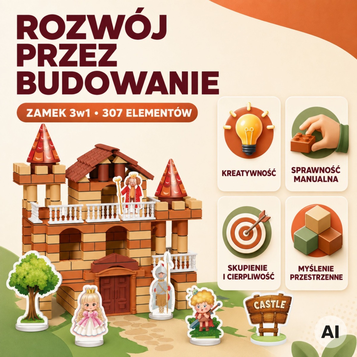 Kolm-ühes telliskiviloss, 307 tükki figuurid, isetegemise eh
