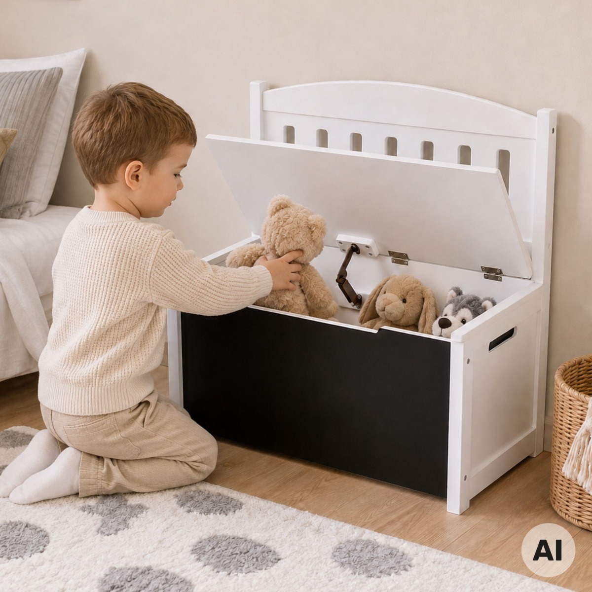 3-in-1 koka rotaļlietu kaste-sols ar zīmēšanas tāfeli, balta