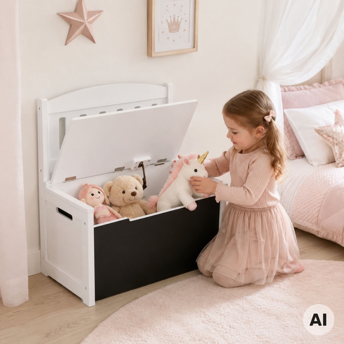 3-in-1 koka rotaļlietu kaste-sols ar zīmēšanas tāfeli, balta