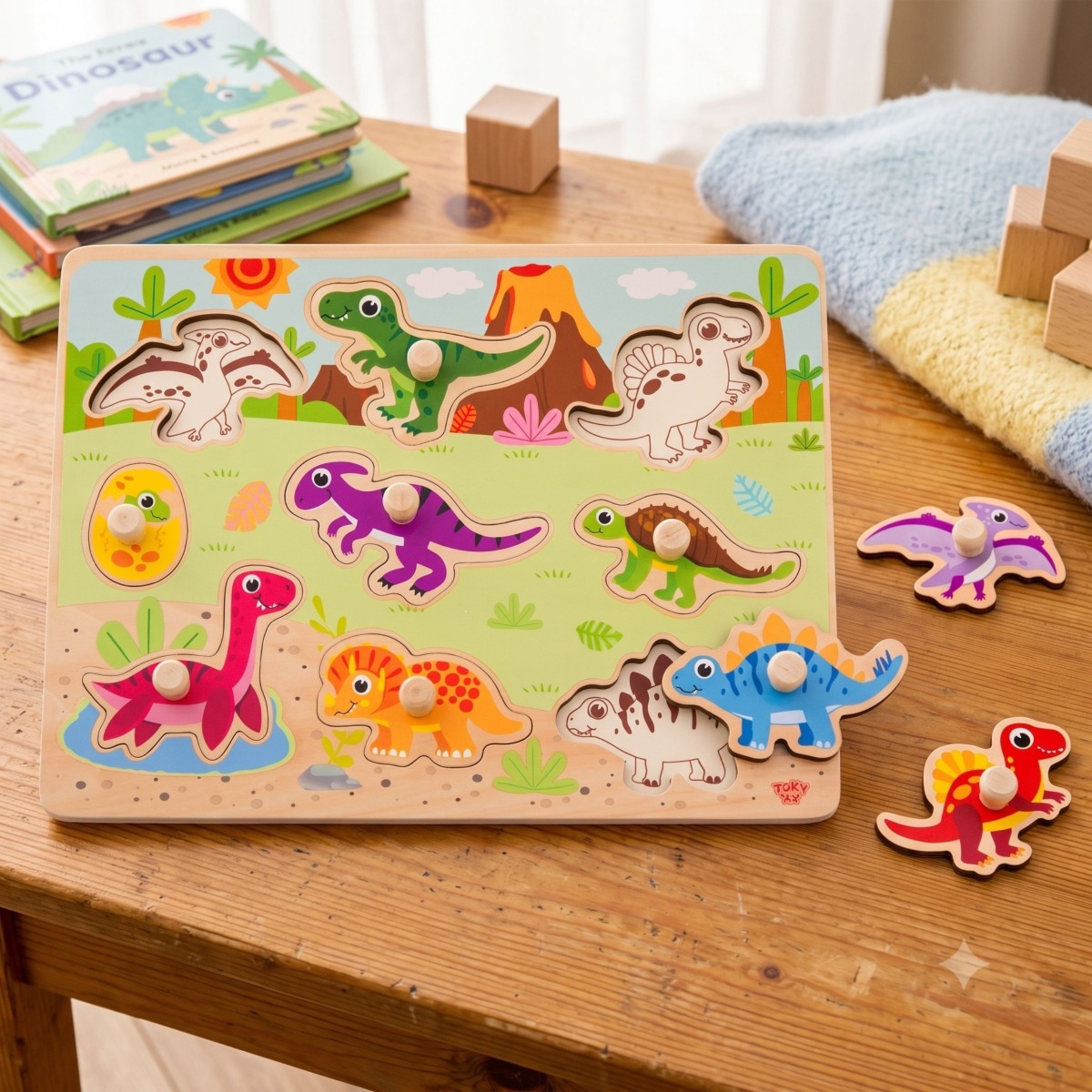 Koka Montessori nuppudega pusle Dinosauruste kujuga pusle
