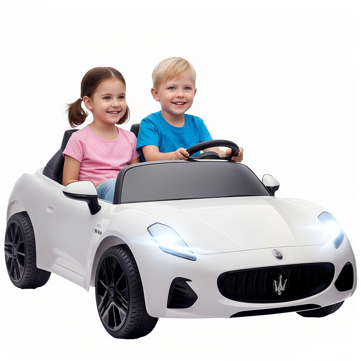 Valge Maserati elektriauto bērniem, 2-kohaline, 12 V, puldi 