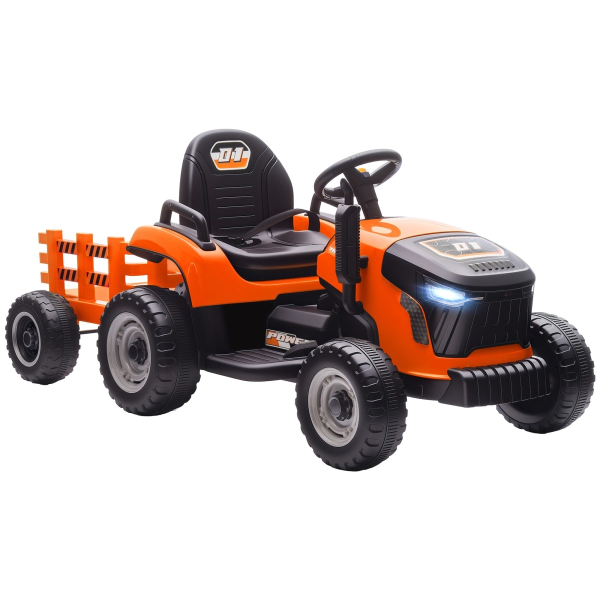 Elektriskais traktors bērniem ar piekabi, tālvadības pulti un vienmērīgu startu, oranžs