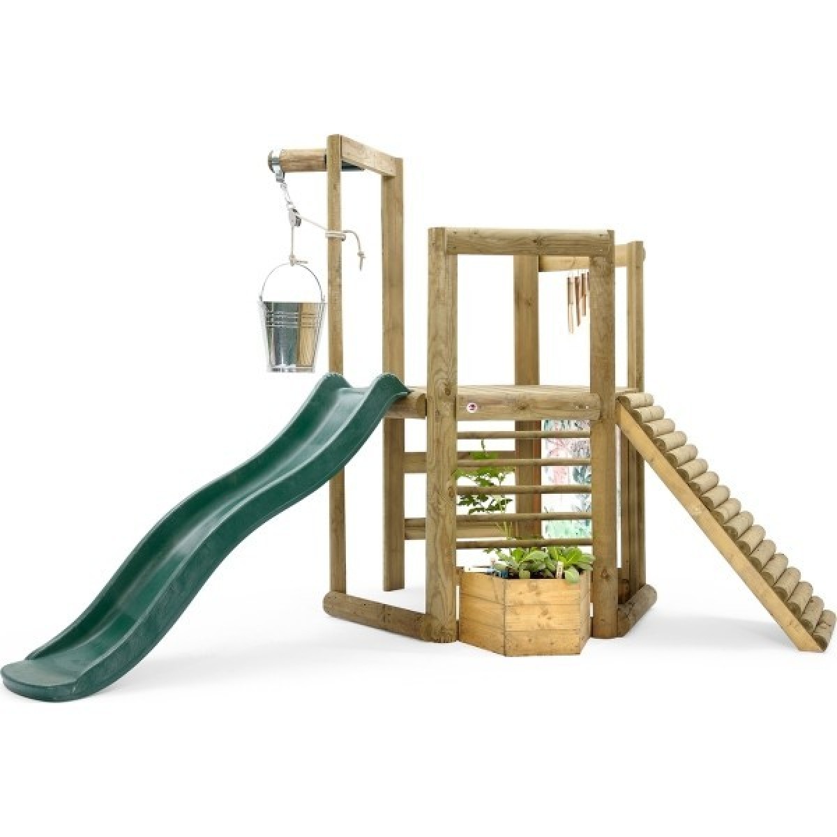 Plum Discovery Woodland koka rotaļu laukums ar namiņu un slidkalniņu