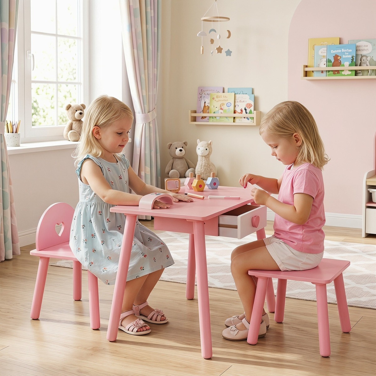 Bērnu 2-in-1 nagu salona galdiņa komplekts, rozā