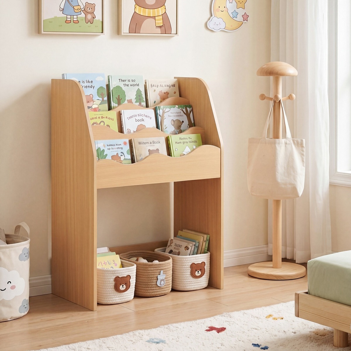 Bērnu grāmatu plaukts un pārvietojama rotaļlietu kaste no dabīga koka | MIU Kids