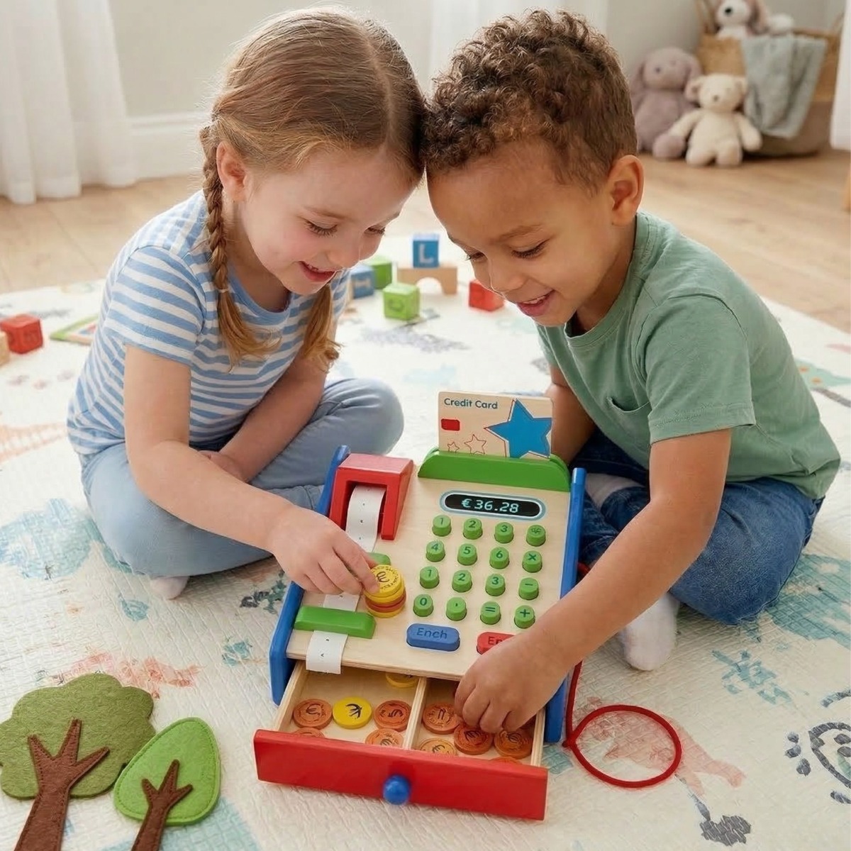Koka kassaaparaat koos Montessori skanneri tarvikutega