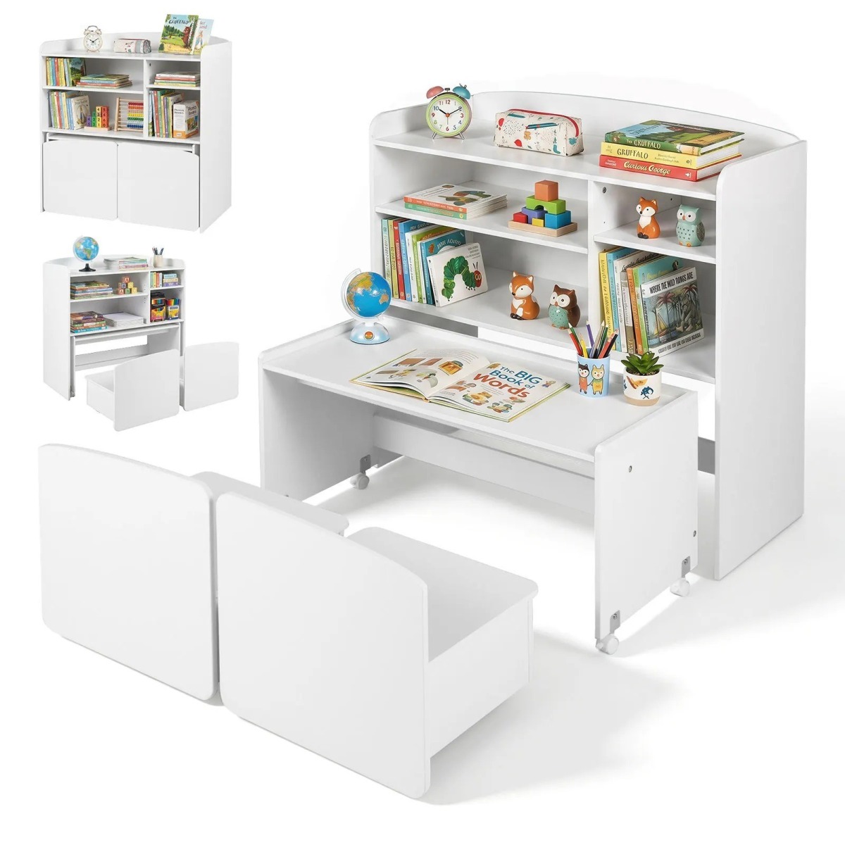 3-in-1 bērnu plaukts ar pārvietojamu galdu un 2 krēsliem, balts | MIU Kids