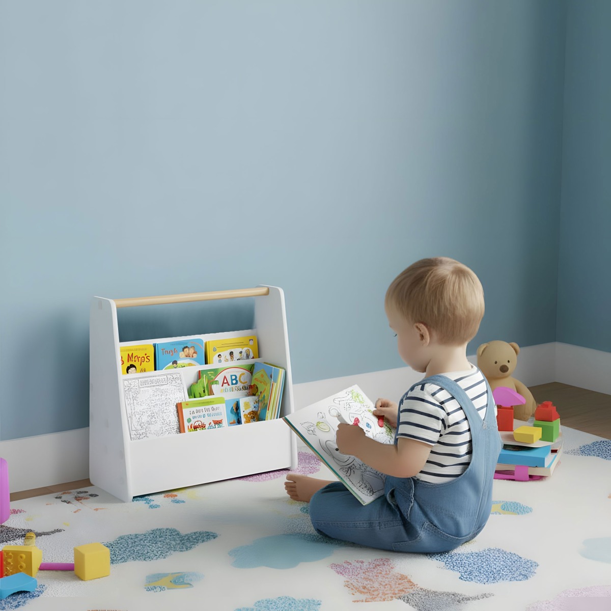 Montessori grāmatu plaukts bērniem un grāmatu organizators, balts | MIU Kids
