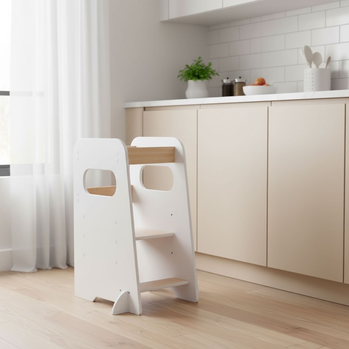 ECOTOYS Montesori virtuves palīgkrēsls bērniem, regulējams pakāpiens