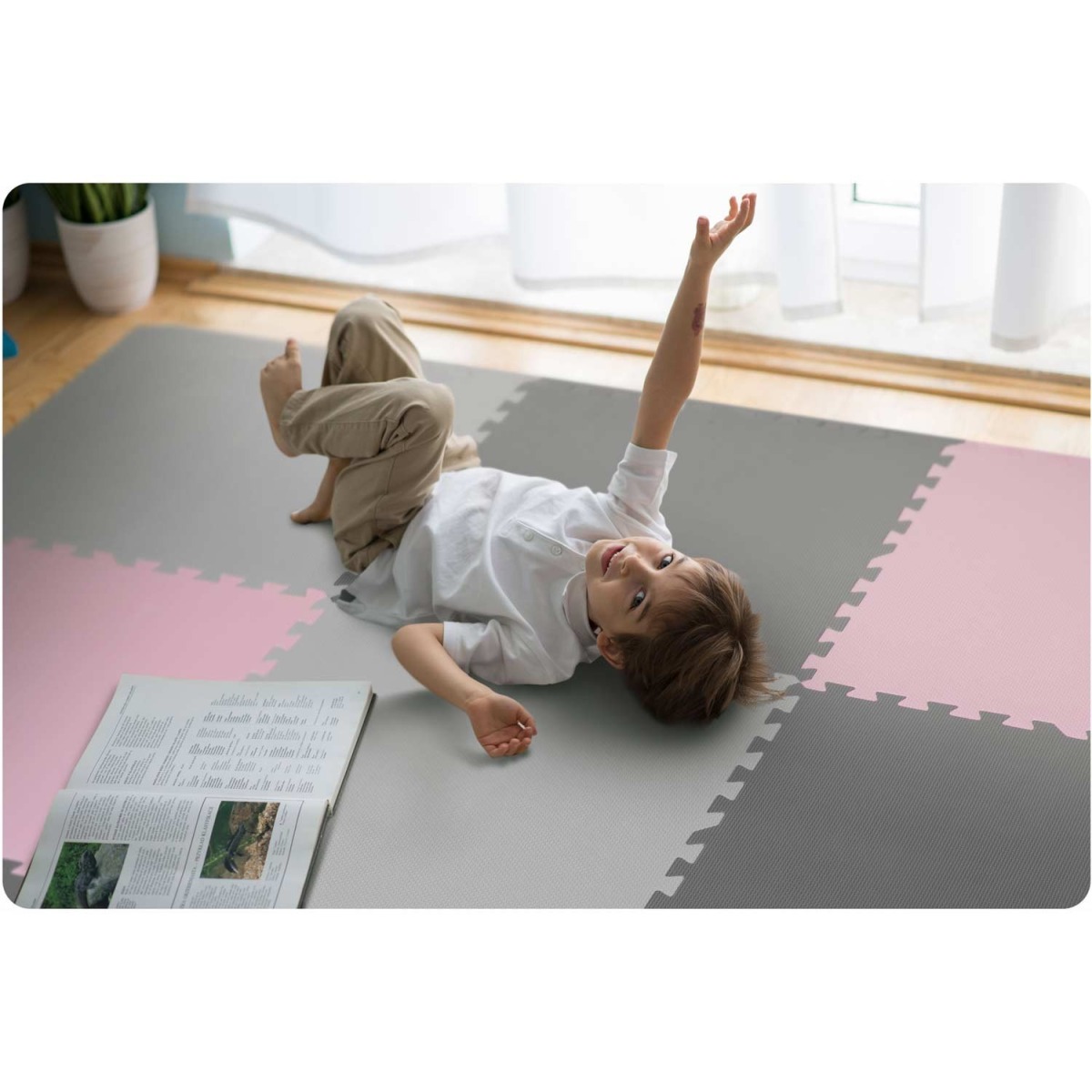 Ricokids putu puzles paklājiņš, 180x180 cm, 9 detaļas, pelēks un rozā