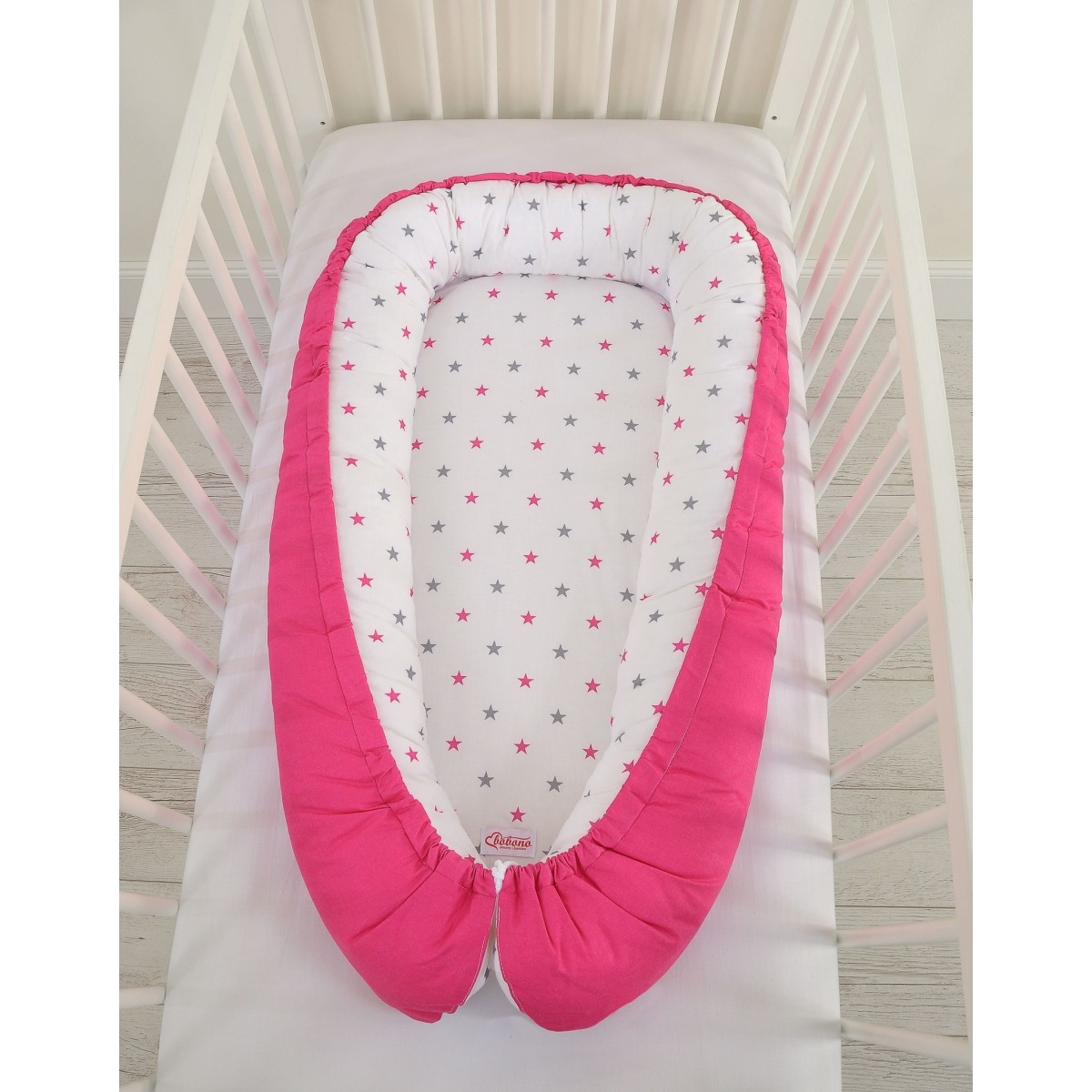 Bobono abpusēji lietojamais Premium mazuļa kokons — Stars Grey-Pink / Pink
