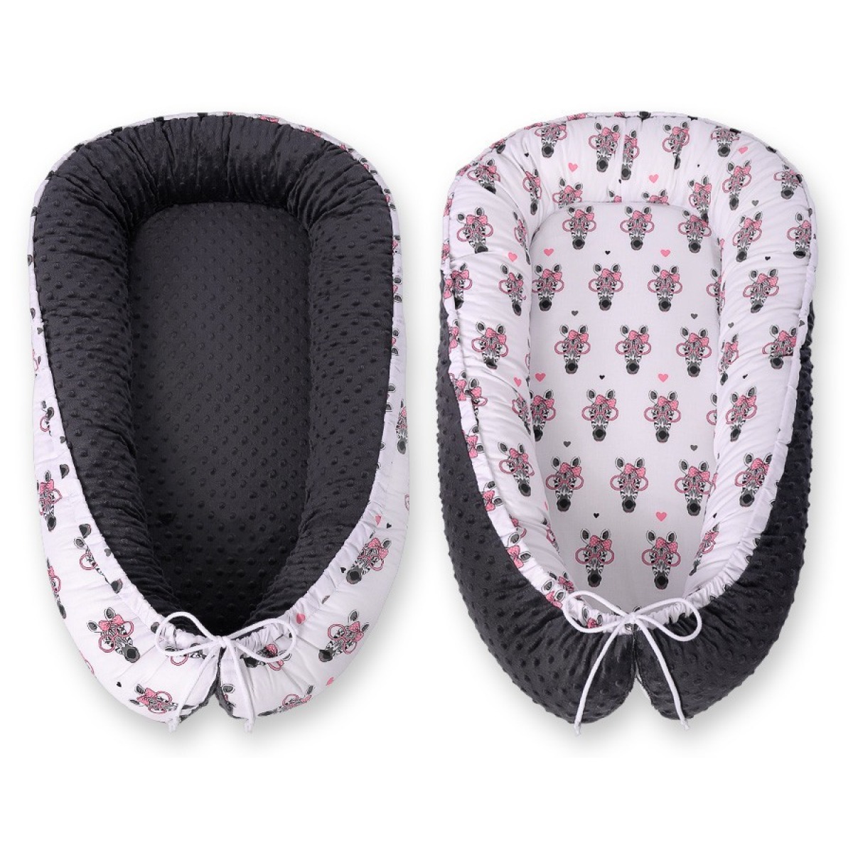 Bobono Reversible Premium ligzda mazulim – rozā minky audums ar zebru rakstu