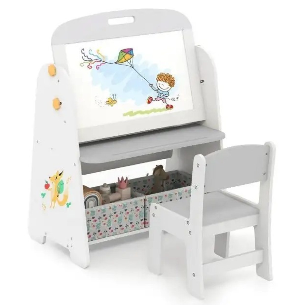 Pelēks bērnu galdiņa un krēsla komplekts 4-in-1 ar molbertu un plauktu | MIU Kids