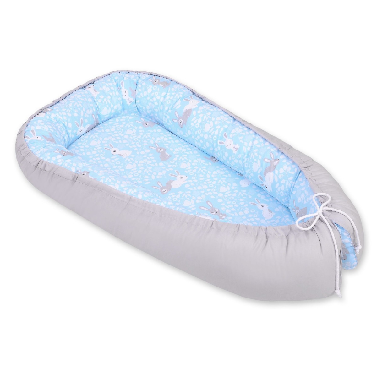 Bobono abpusējā premium ligzdiņa mazulim – Blue Rabbits / Grey
