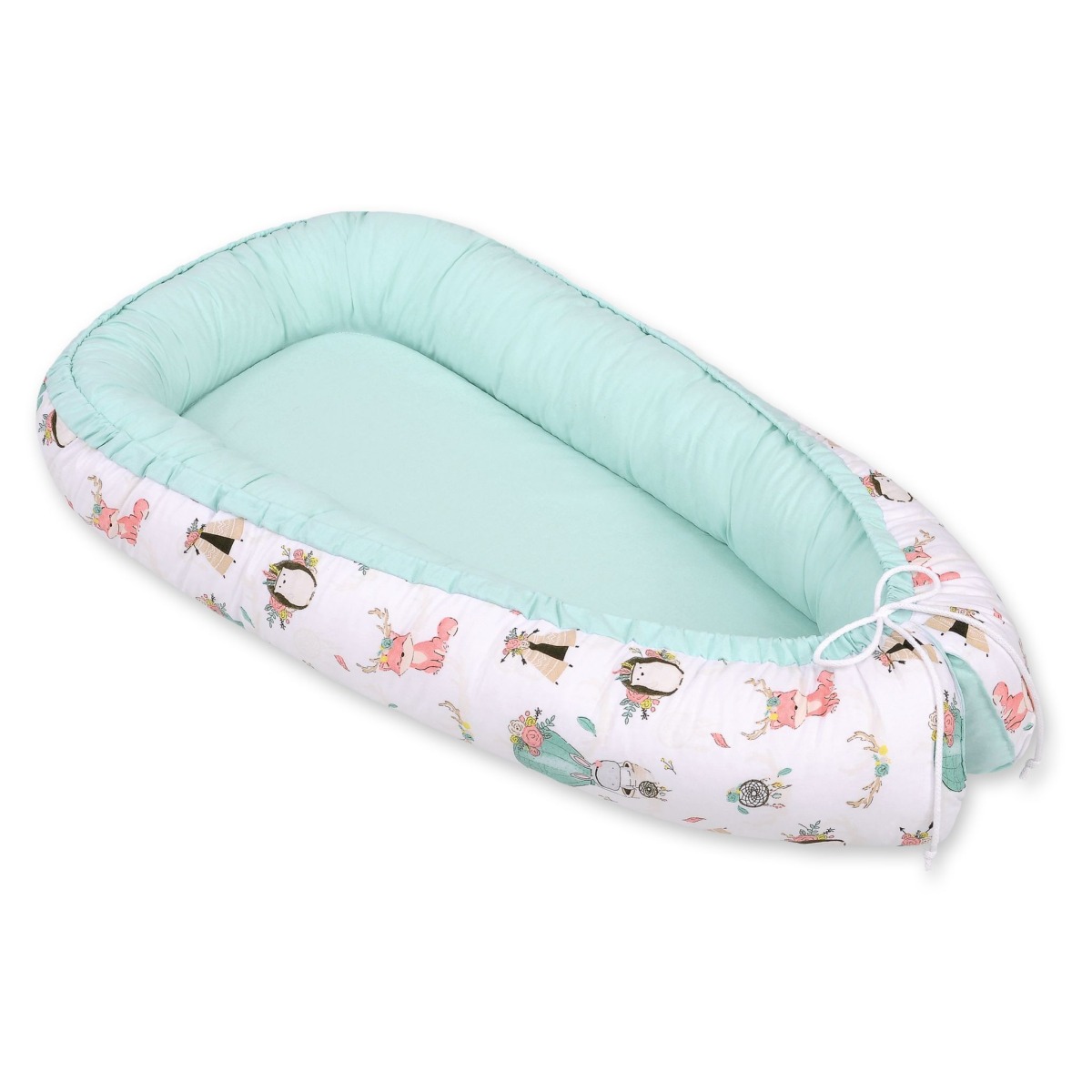 Bobono Premium divpusējs mazuļa ligzdiņas kokons – Foxes Beige/Mint