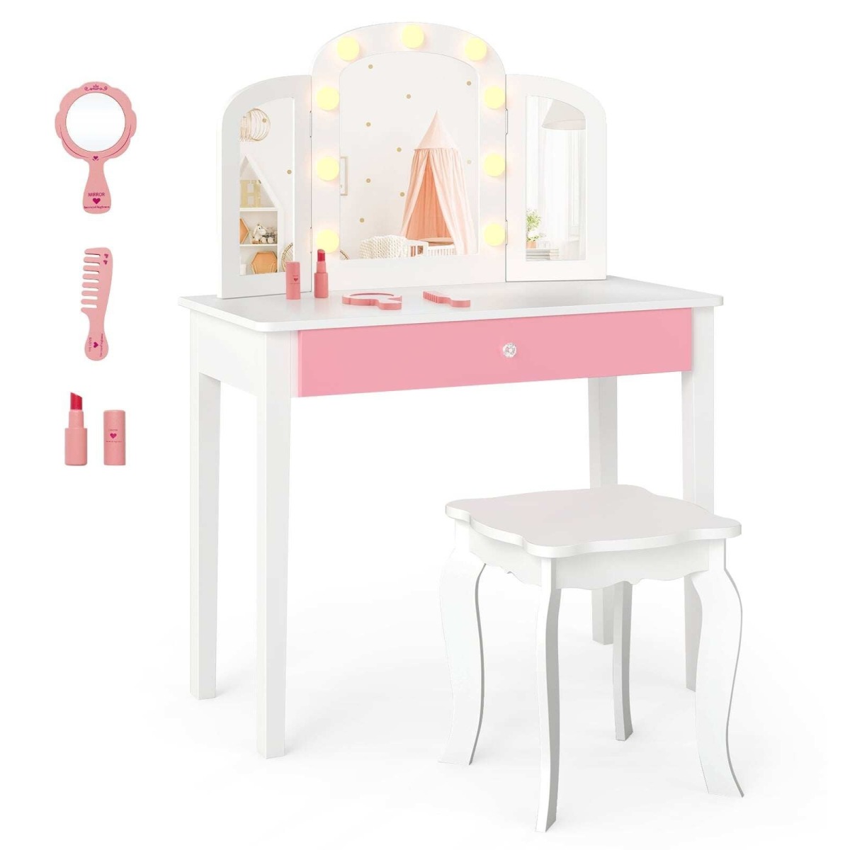 2-ühes laste tualettlauakomplekt eemaldatava peegli ja 3 hel