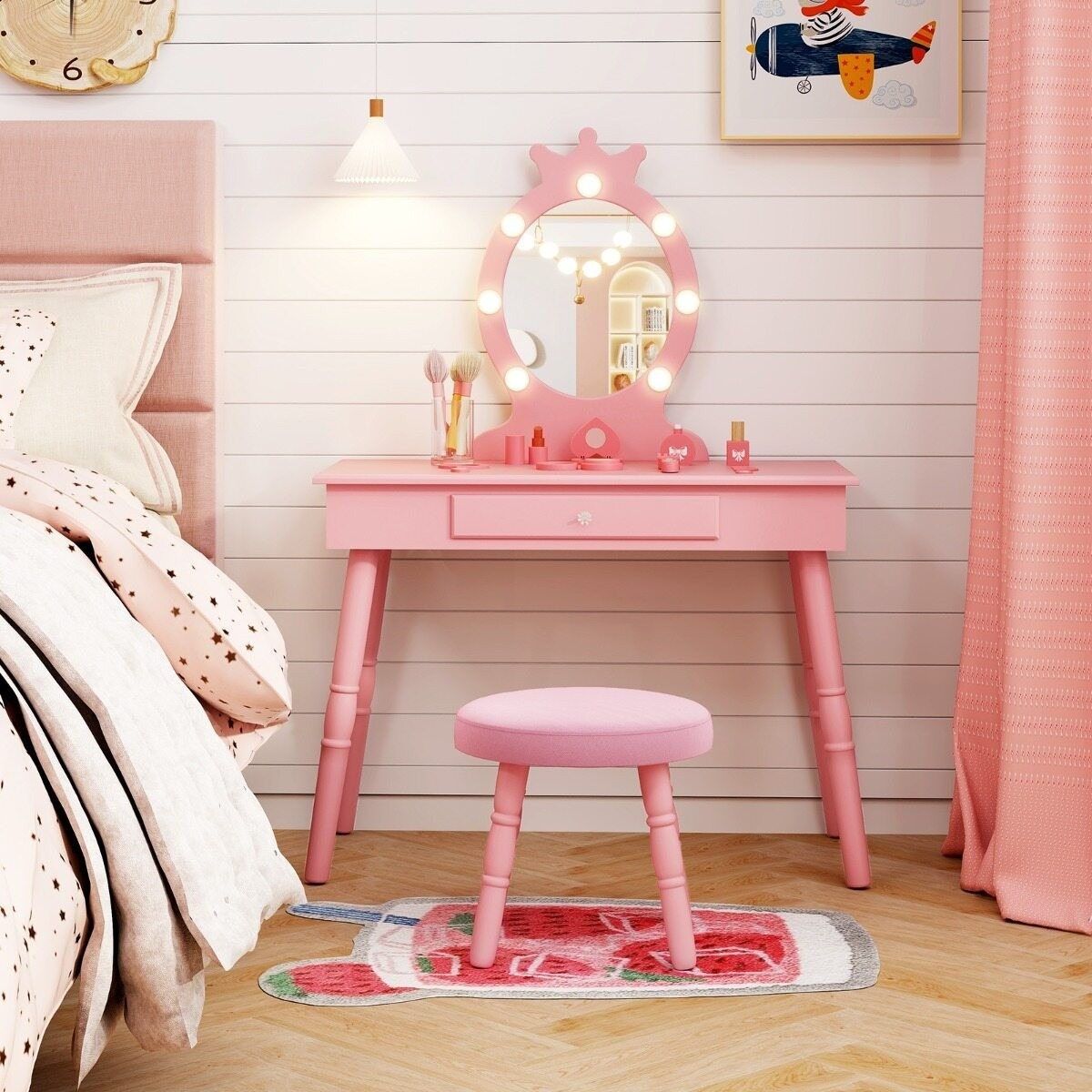 Bērnu 2-in-1 princeses tualetes galdiņš ar apgaismojumu, rozā