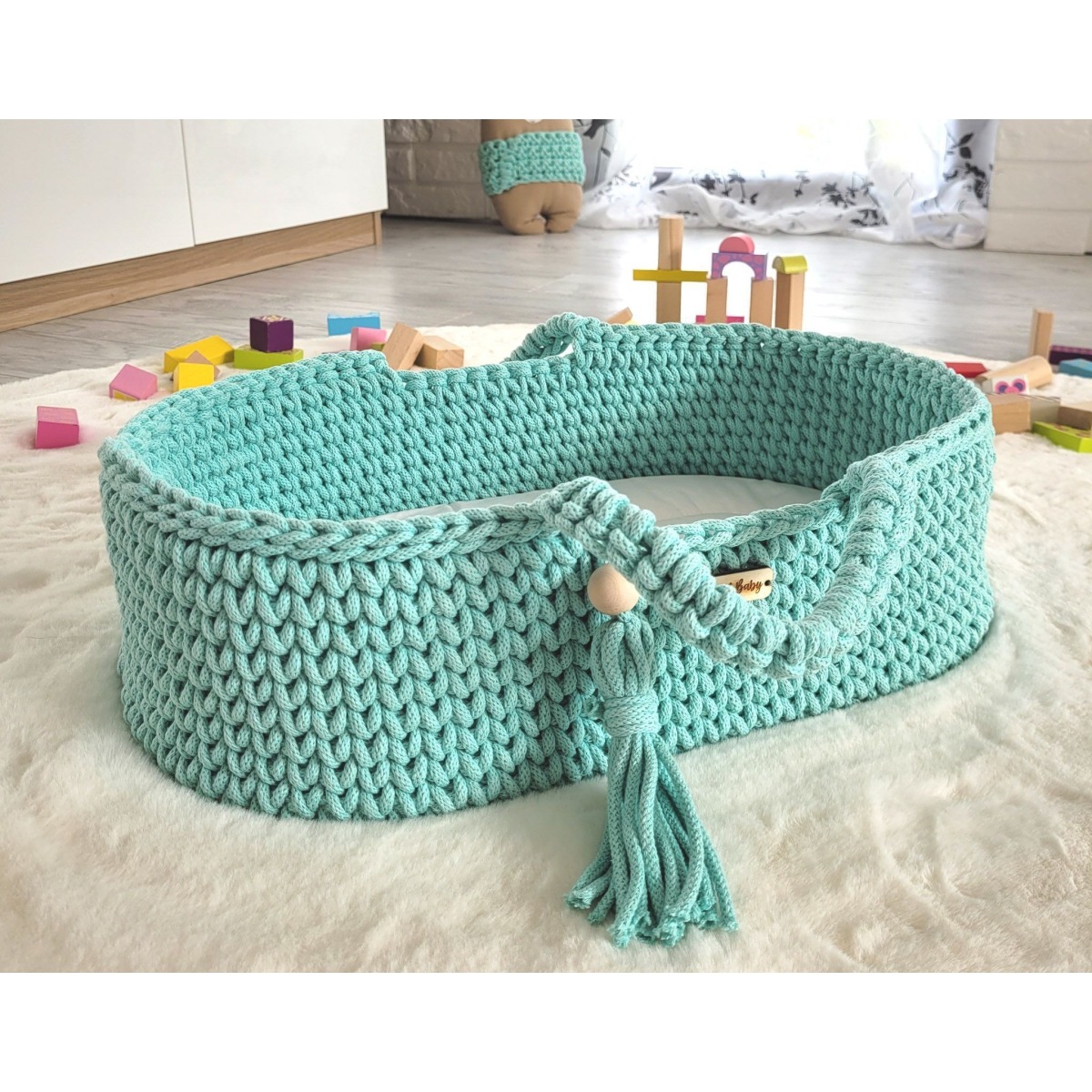 Nuku häll mooses korv BOHO puuvillane - piparmünt