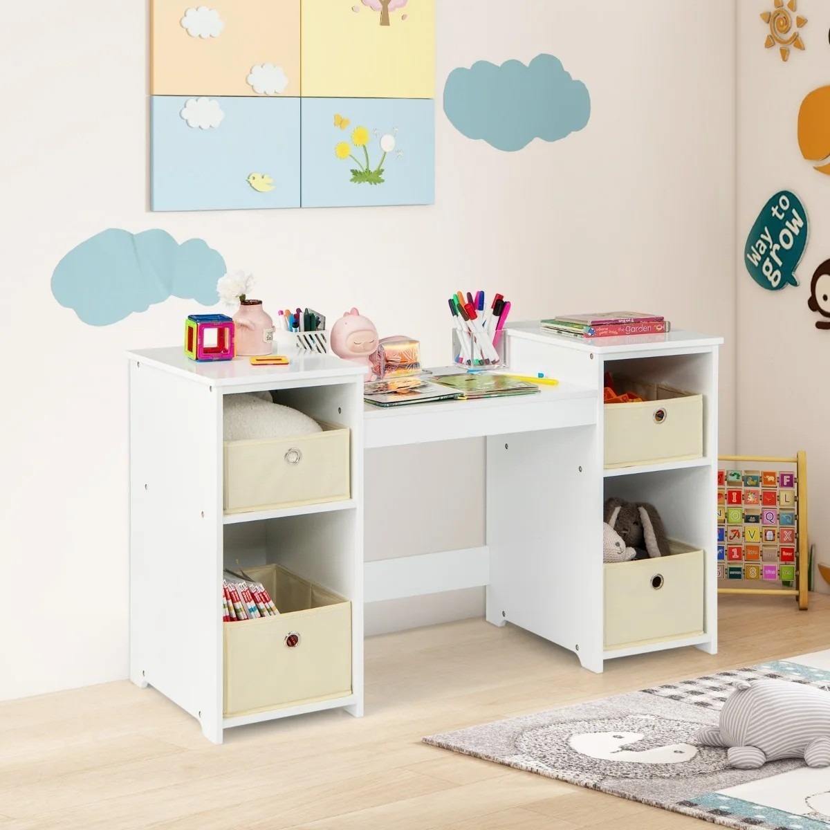 2-in-1 princeses tualetes galdiņš un rakstāmgalds bērniem ar 3 spoguļiem, balts