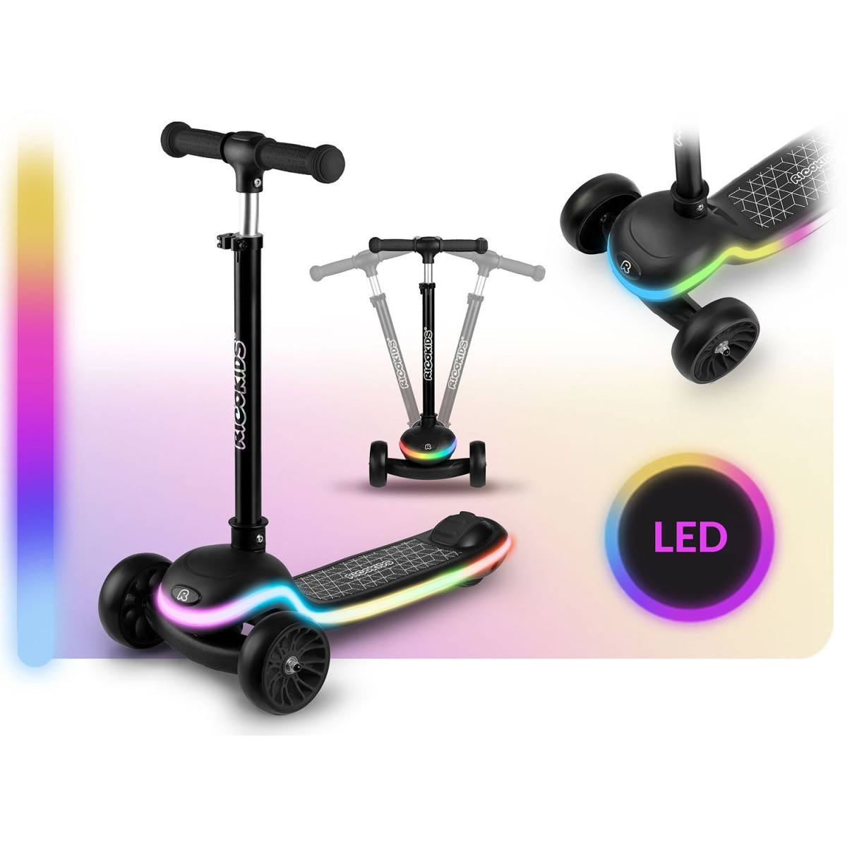 Ricokids Leddi trīsriteņu skrejritenis ar LED apgaismojumu, melns