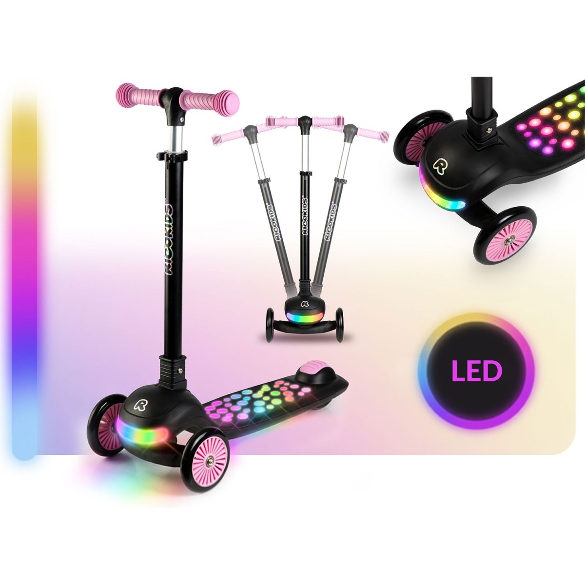 Ricokids Glowi 3-riteņu balansa skrejritenis ar LED gaismām, melns un rozā