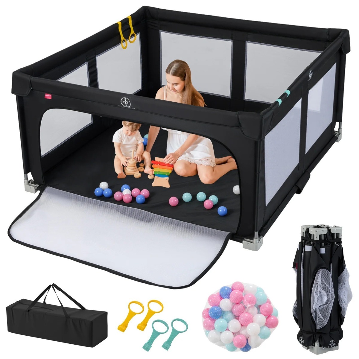 Saliekams MAZULIM paredzēts manēžas nožogojums 150 x 150 cm ar 50 bumbiņām, melns