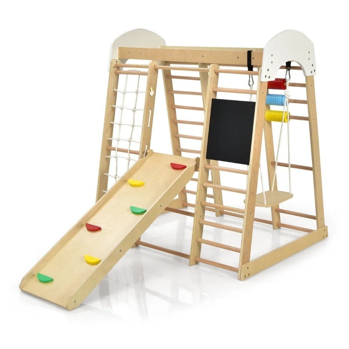 8-in-1 koka kāpelēšanas komplekts ar slidkalniņu un šūpolēm, 124 x 119 x 138 cm