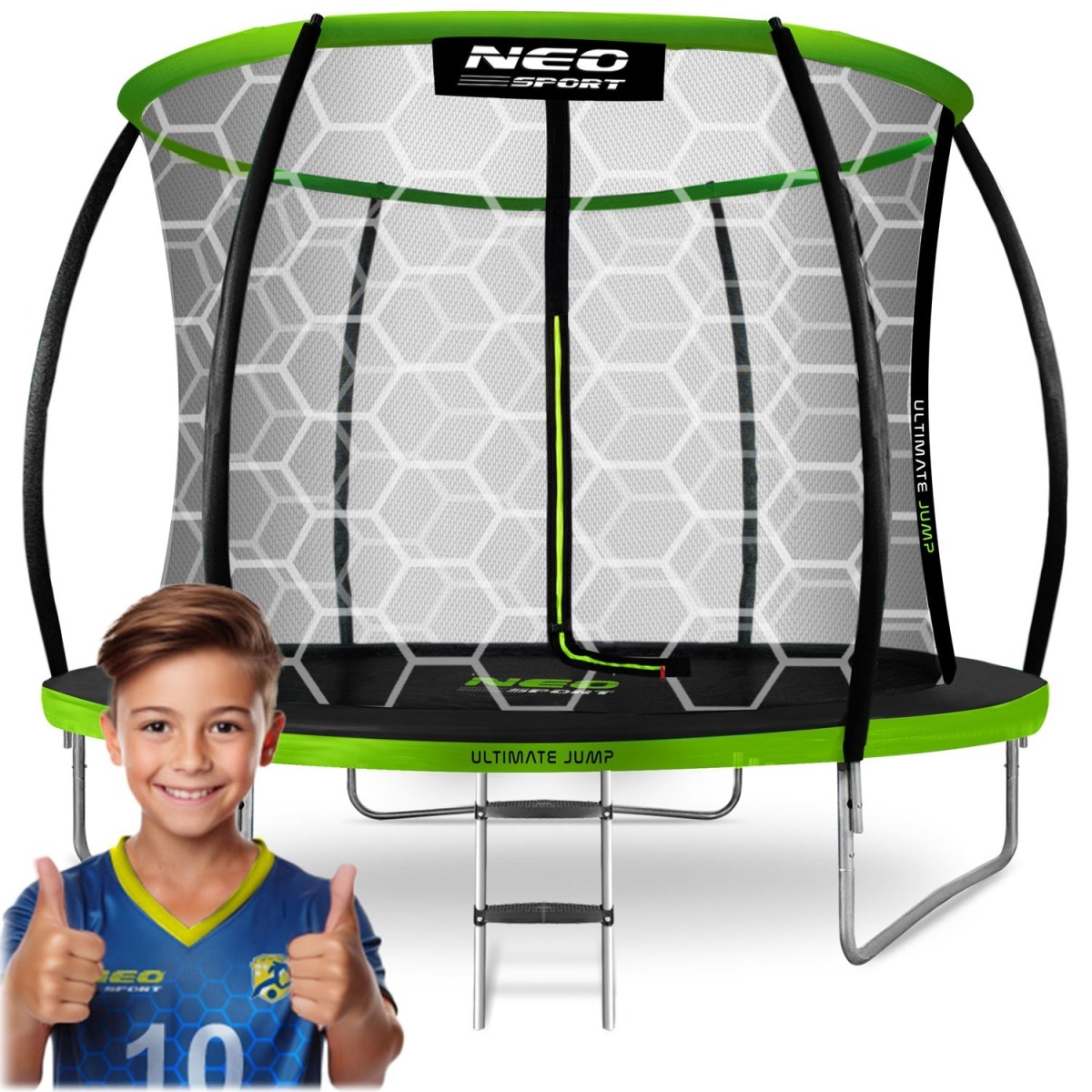 Neo-Sport batuts ar iekšējo drošības tīklu, 312 cm, melns un zaļš