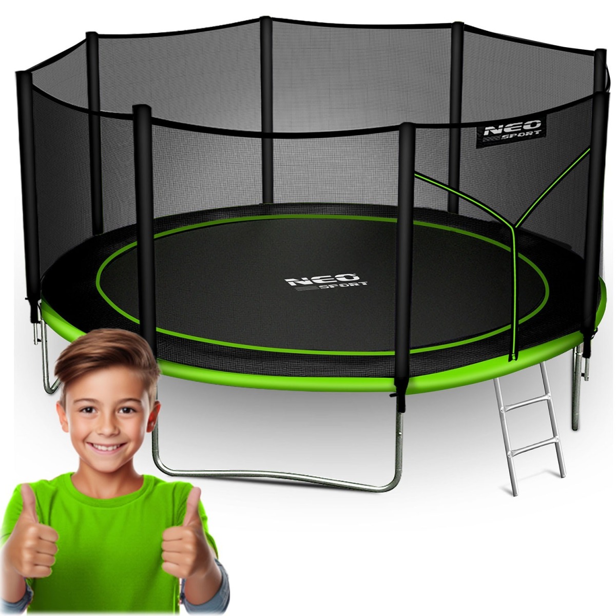 Neo-Sport apaļais batuts 404 cm ar ārējo tīklu un kāpnēm,