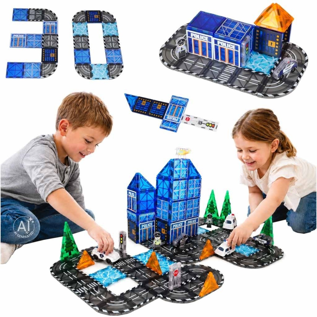 3D magnētiskie klucīši – policijas automašīnas, 91 gab.