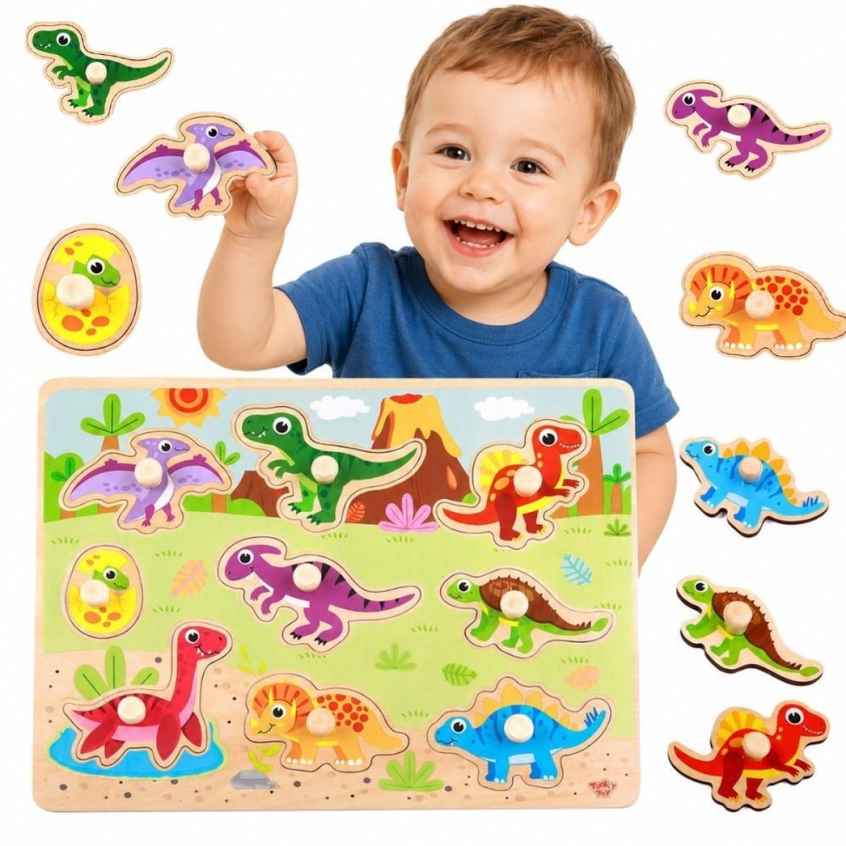 Koka Montessori nuppudega pusle Dinosauruste kujuga pusle