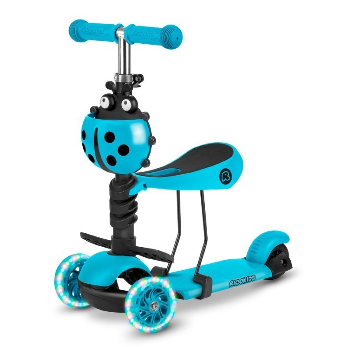 Ricokids Buggy 3 vienā skrejritenis, tirkīzzils — izgaismoti riteņi