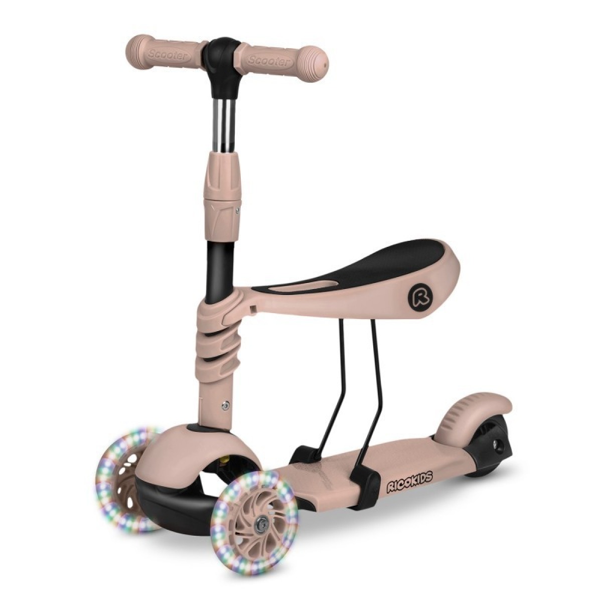 Ricokids Todi 3-in-1 skrejritenis ar sēdekli un stumšanas rokturi, bēšs